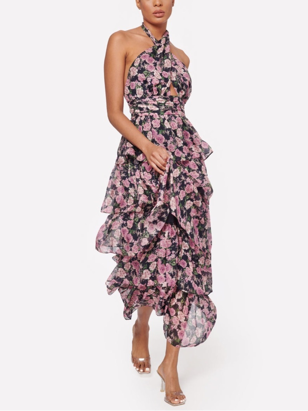 Cami NYC Evina Dress in Mulberry Rose Silk Tiered Floral Twist Halter Top Formal - Picture 2 of 10